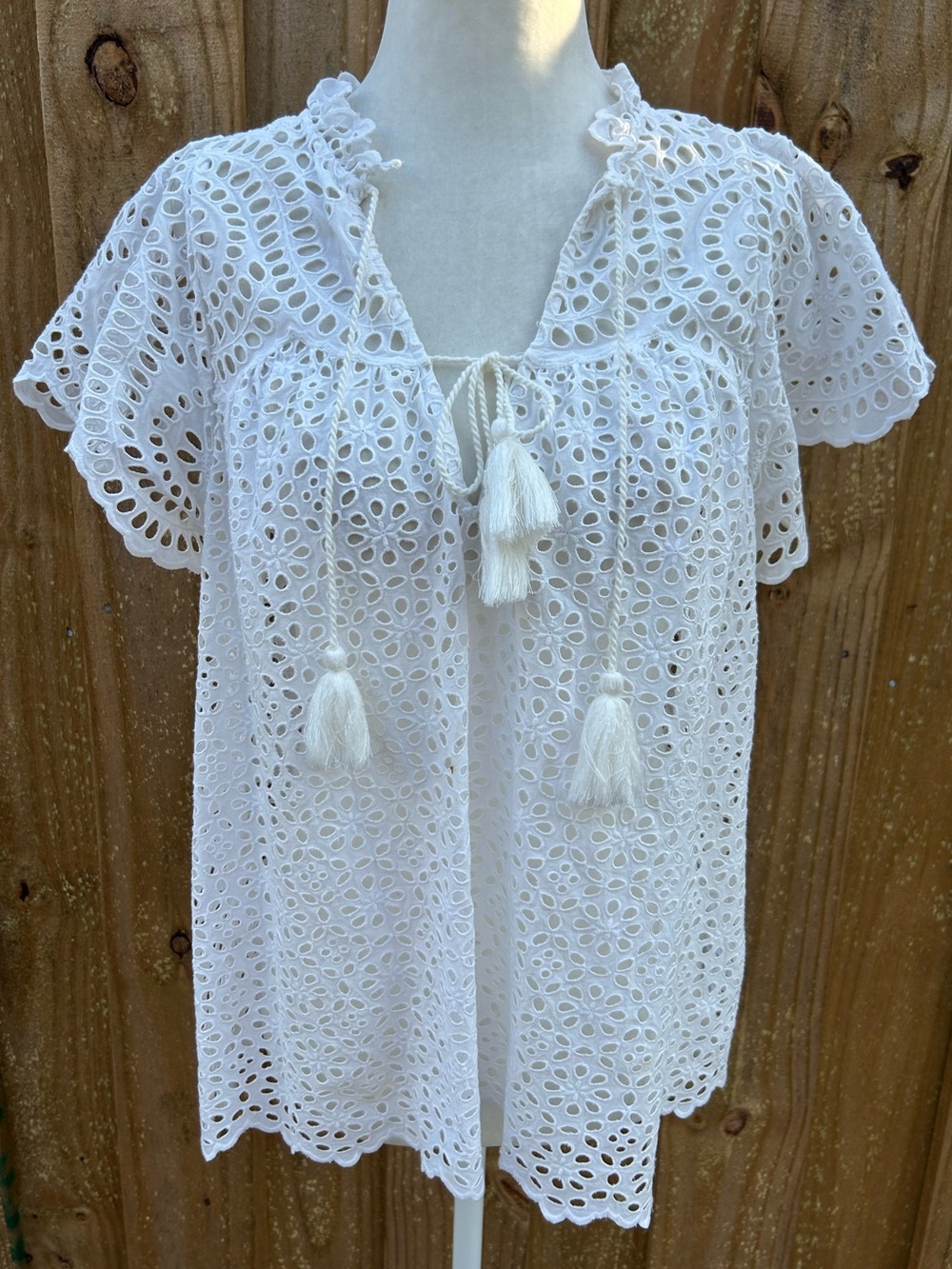 Ulla Johnson Dolly Top Blouse White Cotton Eyelet Tassel Tie Size 6 - Picture 14 of 16
